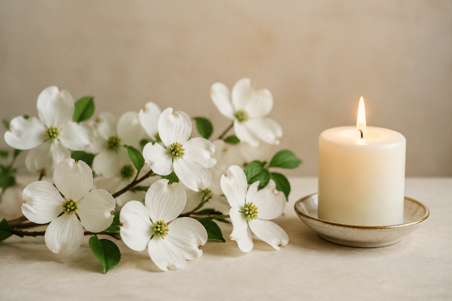 White dogwood blossoms beside a softly glowing candle