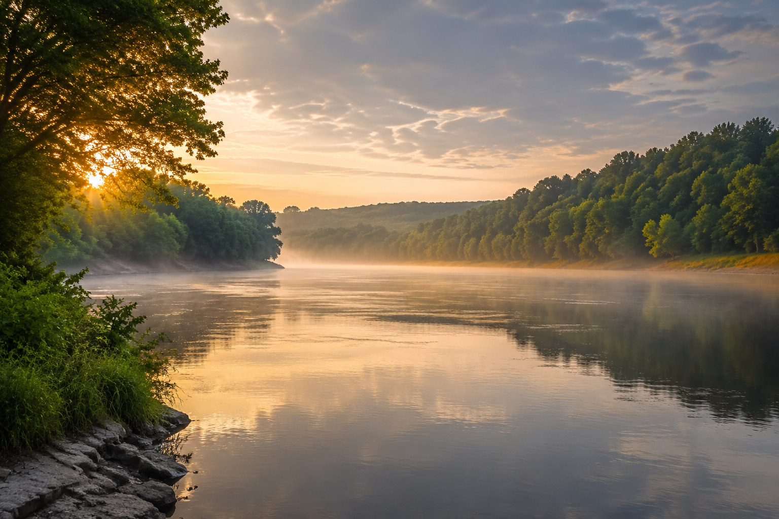 Peaceful mist rising above an Ohio river at sunrise